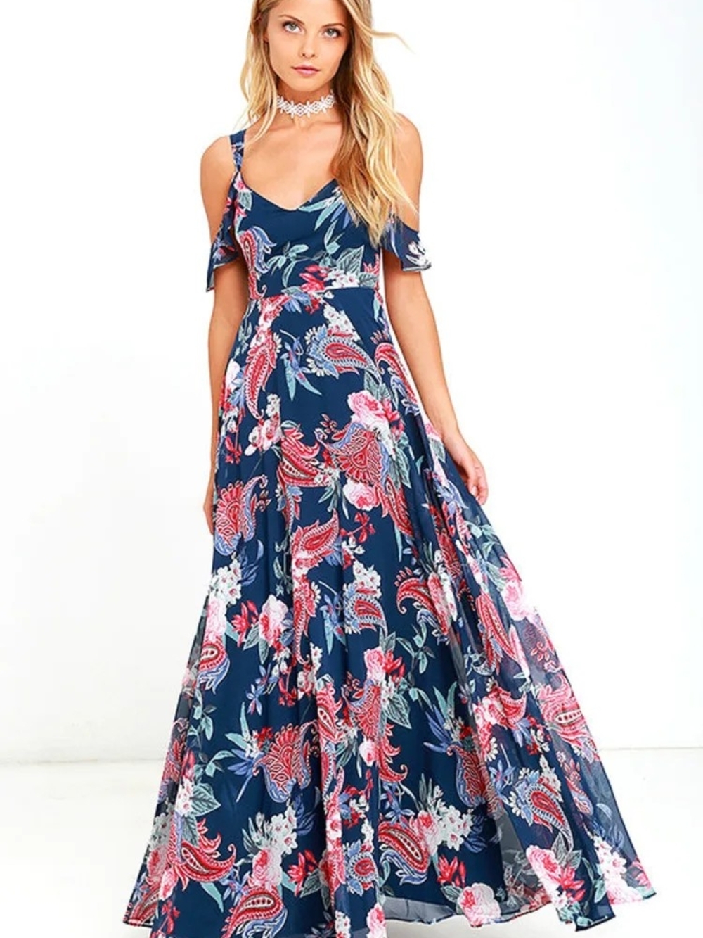 Navy Floral Cold-Shoulder Maxi Dress Romantic Fantasy